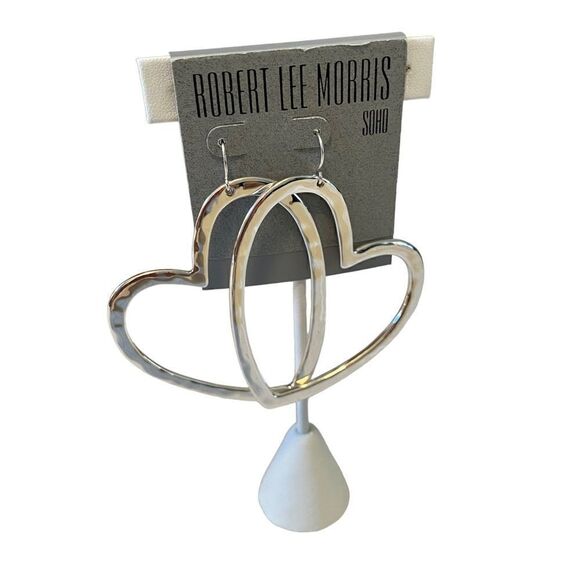 Robert Lee Morris Large Hammered Bright Silver Toned Heart Shaped Earrings. - Picture 2 of 5